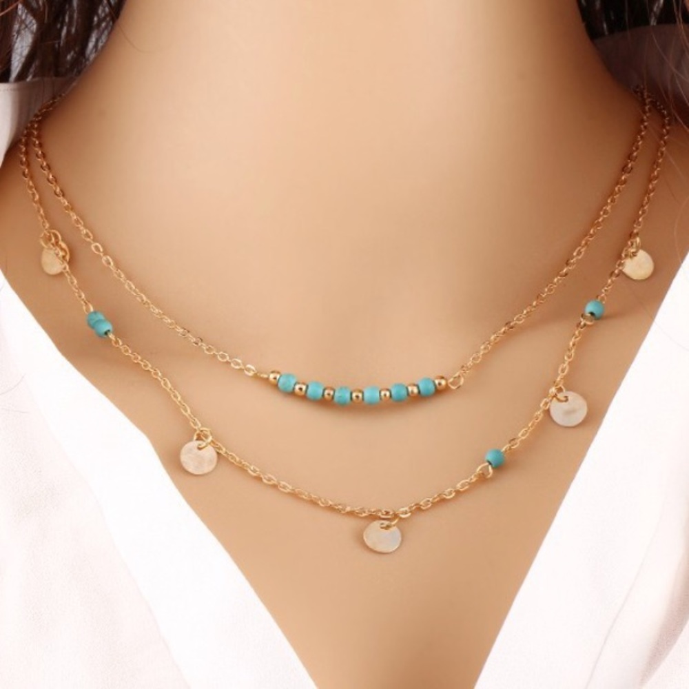 NWT Multi Layer Necklace Gold Tone Turquoise Beads